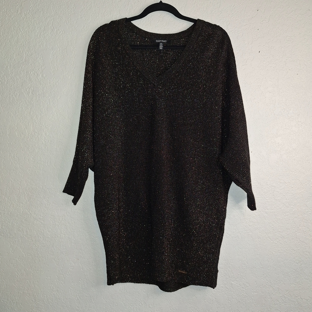 Ellen Tracy Black Metallic Bronze Thread SZ M 3/4 Dolman Sleeve Pullover
